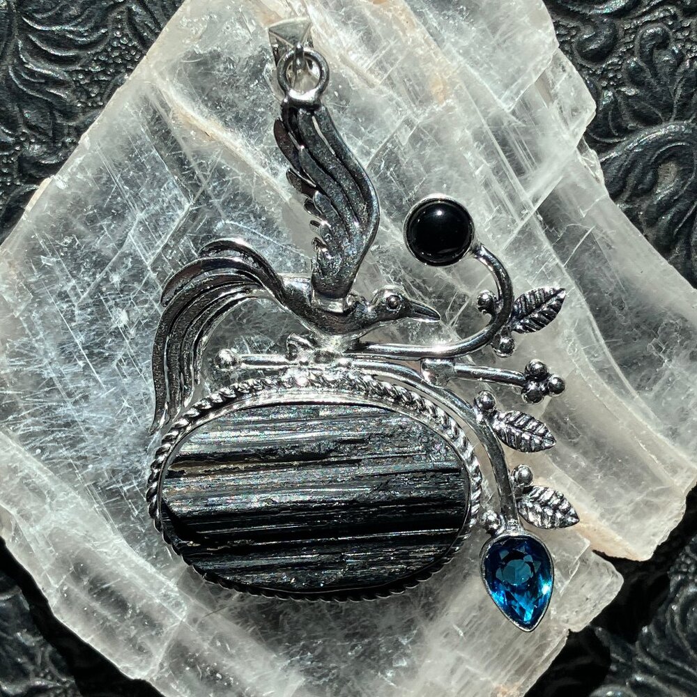 Bird Black Tourmaline Obsidian and Blue Topaz Pendant Crystal Stone Jewelry